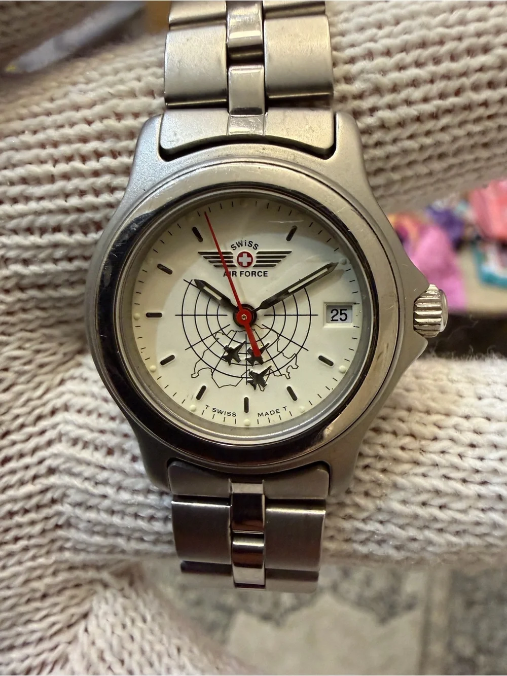 Vintage Swiss Air Force Ladies Pilot Watch Fighter Jets Radar Dial Quartz Steel